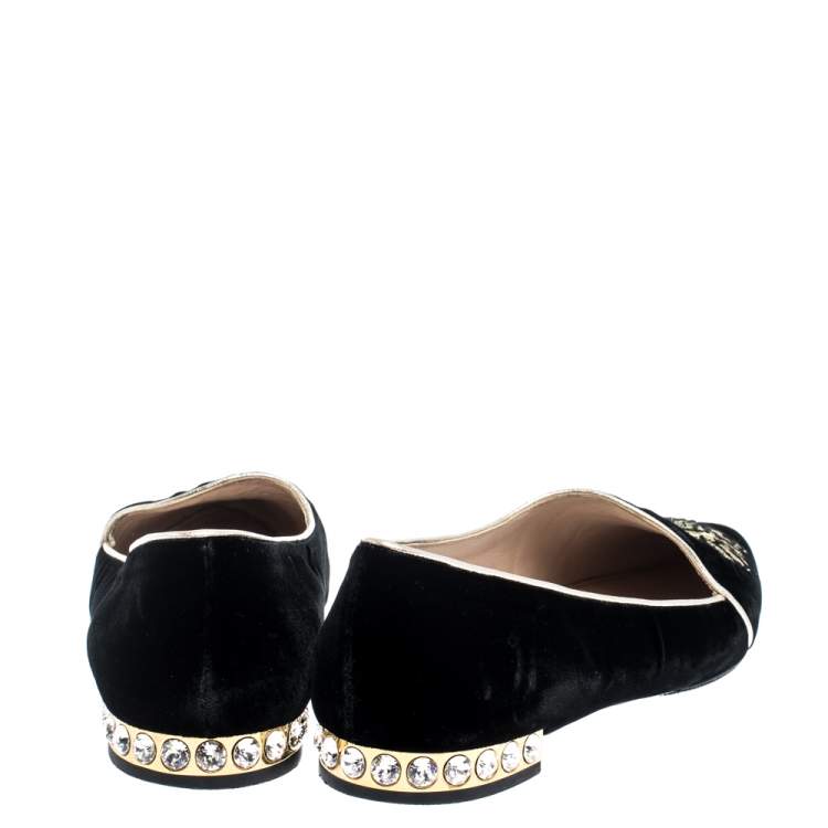 Pre Owned Miu Miu Black Velvet Embroidered Crystal Embellished Pointed Toe Flats Size 36 
