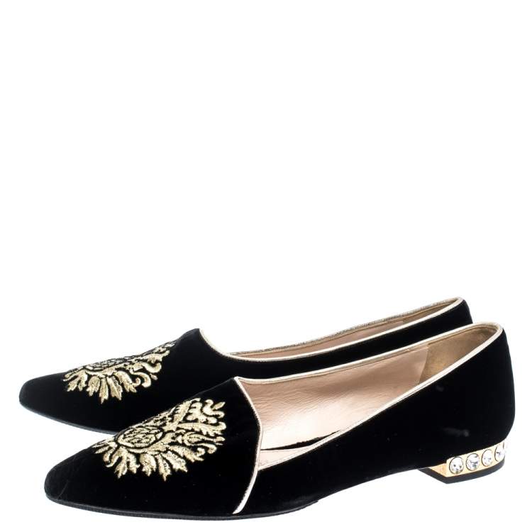 Pre Owned Miu Miu Black Velvet Embroidered Crystal Embellished Pointed Toe Flats Size 36 