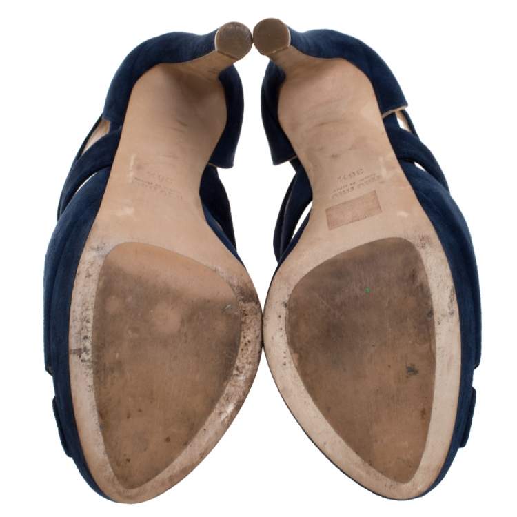 Pre Owned Miu Miu Blue Suede Leather Strappy Platform Sandals Size 36.5