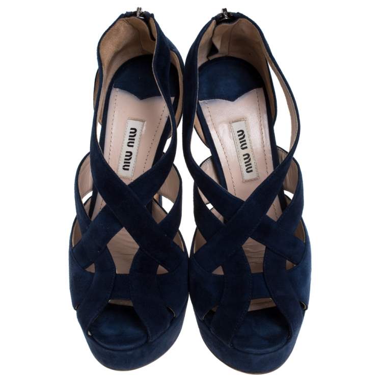 Pre Owned Miu Miu Blue Suede Leather Strappy Platform Sandals Size 36.5