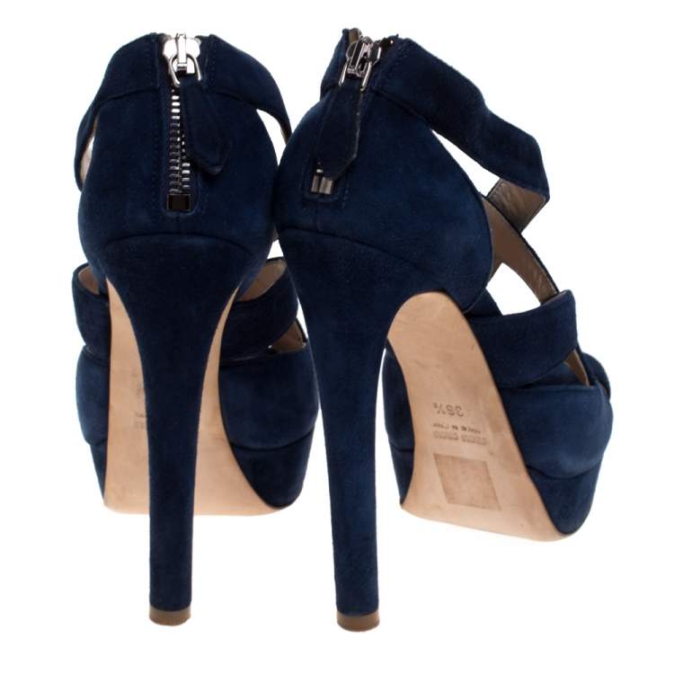 Pre Owned Miu Miu Blue Suede Leather Strappy Platform Sandals Size 36.5