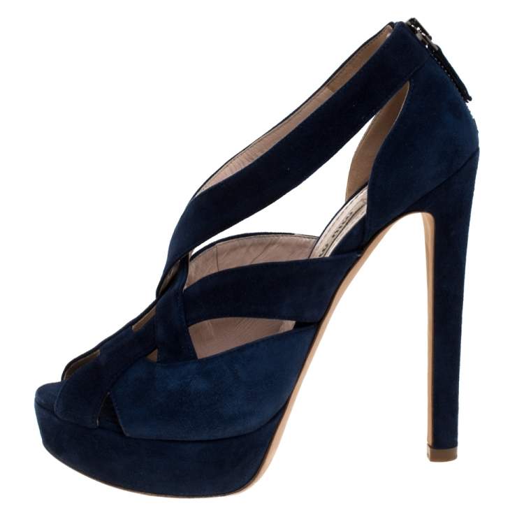 Pre Owned Miu Miu Blue Suede Leather Strappy Platform Sandals Size 36.5