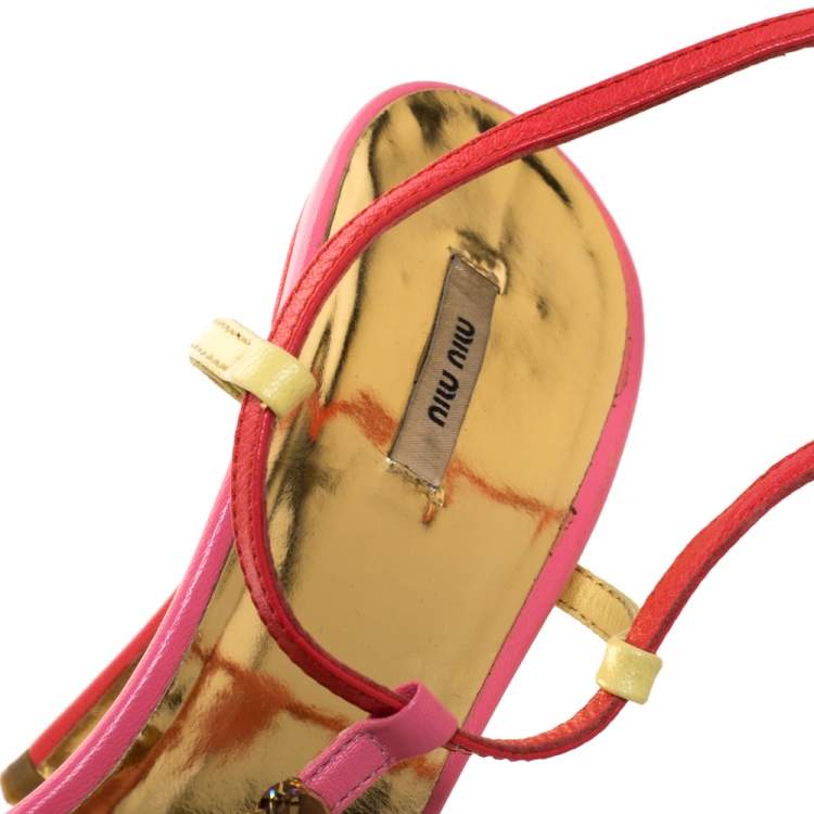 مملوكة مسبقًا Miu Miu Multicolor Gems Embellished Leather T- Strap Sandals Size 39