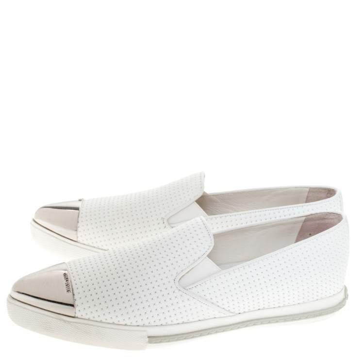 Pre Owned Miu Miu White Perforated Leather Metal Cap Toe Slip On Sneakers Size 38
