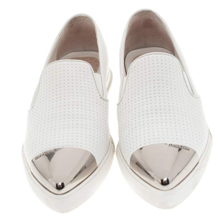 Pre Owned Miu Miu White Perforated Leather Metal Cap Toe Slip On Sneakers Size 38