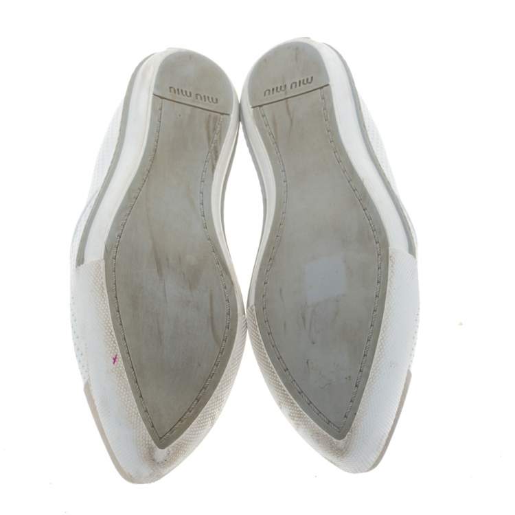 Pre Owned Miu Miu White Perforated Leather Metal Cap Toe Slip On Sneakers Size 38