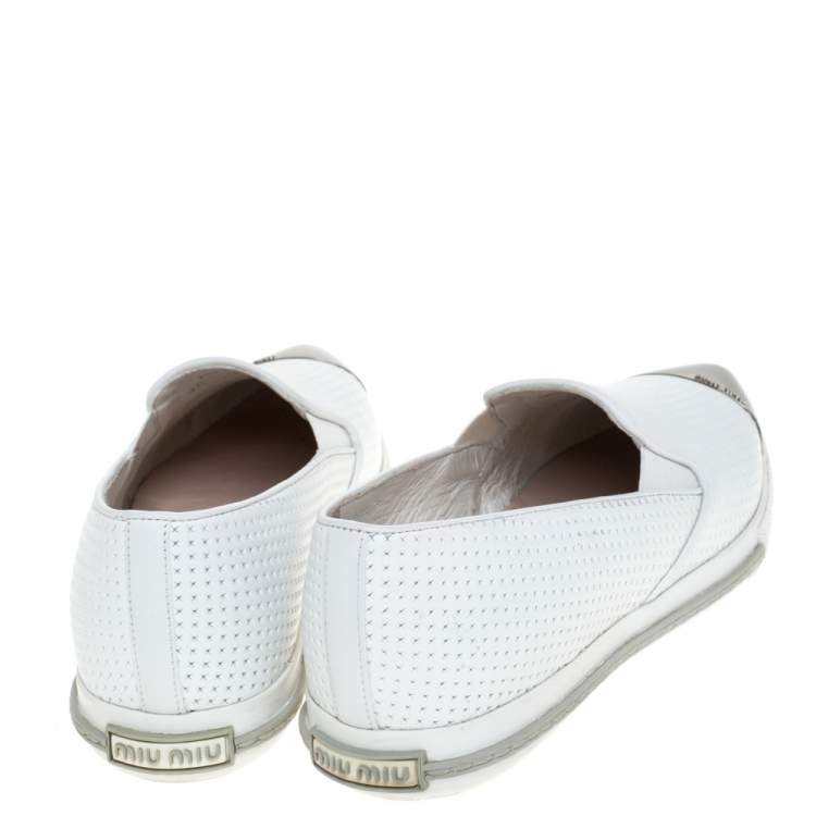 Pre Owned Miu Miu White Perforated Leather Metal Cap Toe Slip On Sneakers Size 38