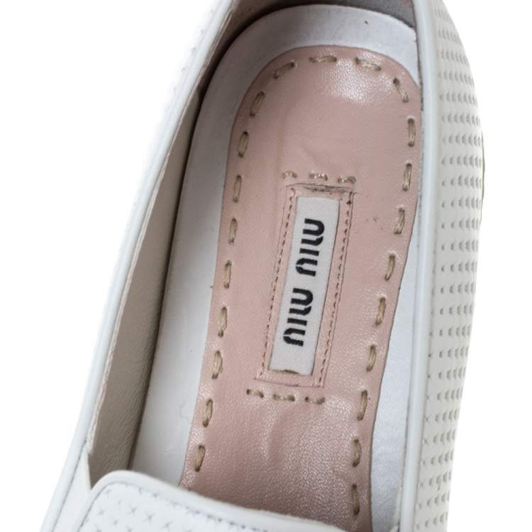 Pre Owned Miu Miu White Perforated Leather Metal Cap Toe Slip On Sneakers Size 38