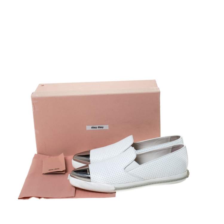 Pre Owned Miu Miu White Perforated Leather Metal Cap Toe Slip On Sneakers Size 38