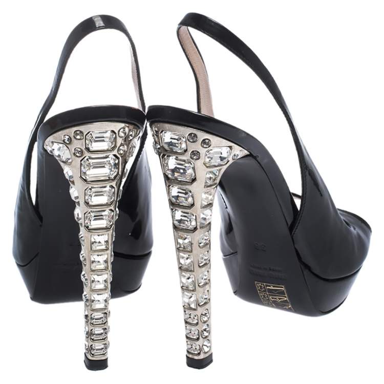 Pre Owned Miu Miu Black Patent Leather Crystal Embellished Heel Slingback Platform Sandals Size 38