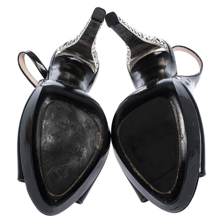 Pre Owned Miu Miu Black Patent Leather Crystal Embellished Heel Slingback Platform Sandals Size 38