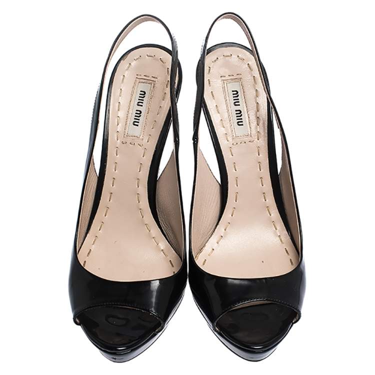 Pre Owned Miu Miu Black Patent Leather Crystal Embellished Heel Slingback Platform Sandals Size 38