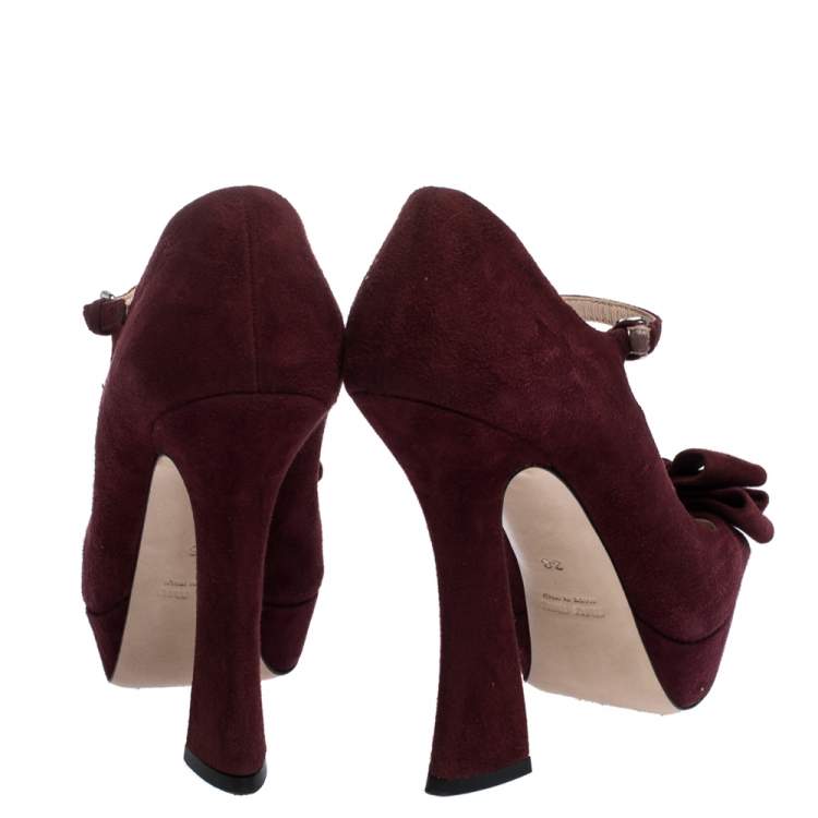 Pre Owned Miu Miu Burgundy Suede Leather Mary Jane Bow Peep Toe Platform Pumps Size 38