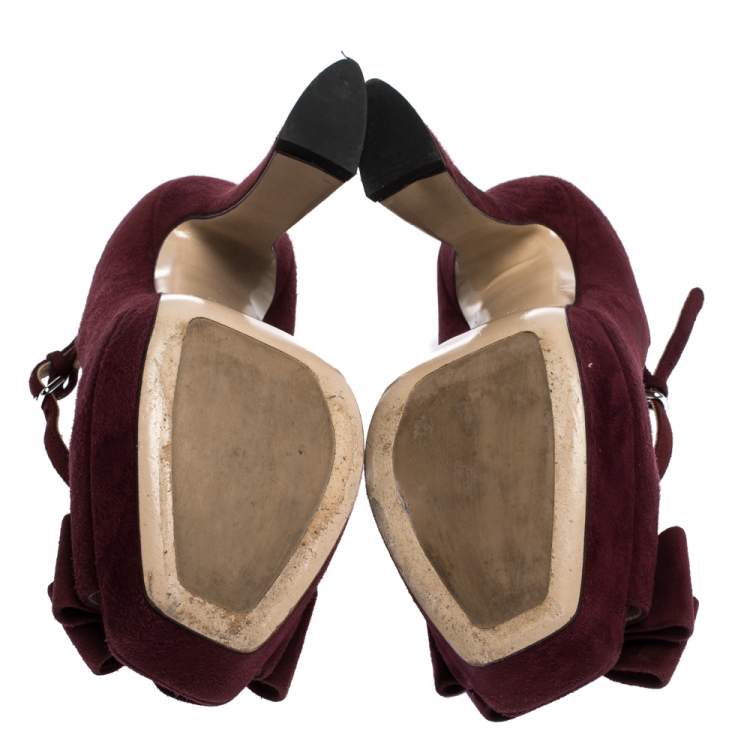 Pre Owned Miu Miu Burgundy Suede Leather Mary Jane Bow Peep Toe Platform Pumps Size 38