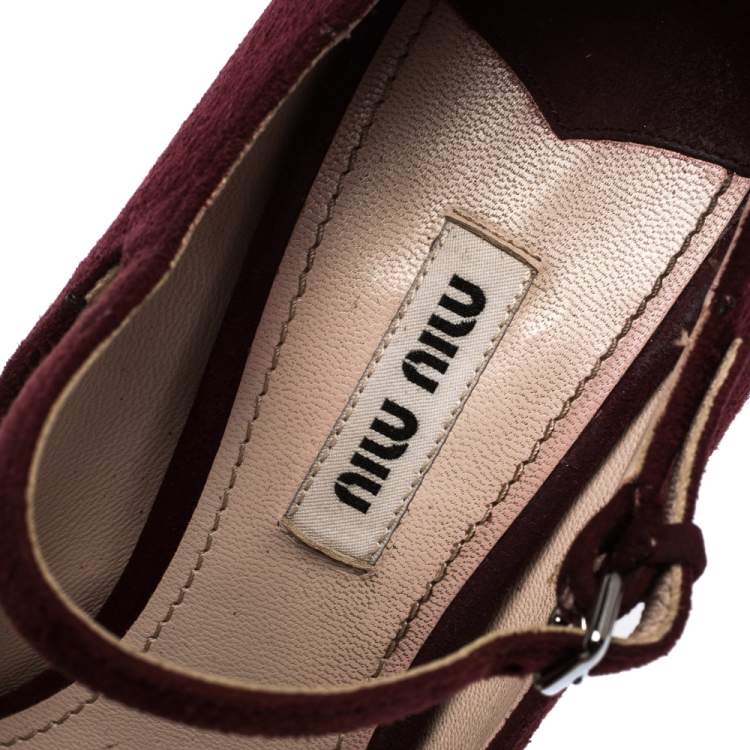Pre Owned Miu Miu Burgundy Suede Leather Mary Jane Bow Peep Toe Platform Pumps Size 38
