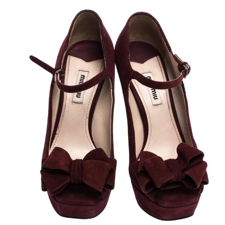 Pre Owned Miu Miu Burgundy Suede Leather Mary Jane Bow Peep Toe Platform Pumps Size 38