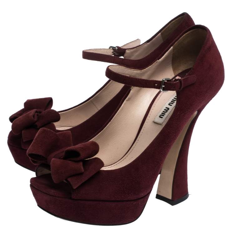 Pre Owned Miu Miu Burgundy Suede Leather Mary Jane Bow Peep Toe Platform Pumps Size 38