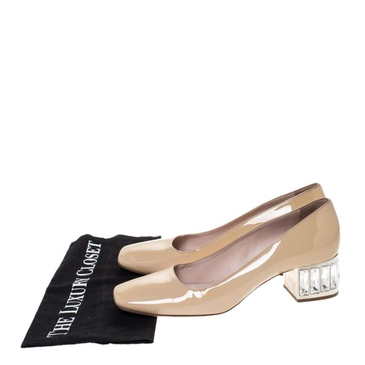 Pre Owned Miu Miu Beige Patent Leather Embellished Heel Pumps Size 38.5