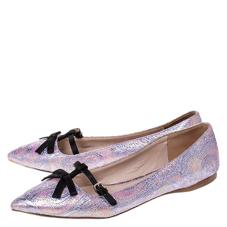 مملوكة مسبقًا Miu Miu Purple Brocade Lurex And Satin Trim Giada Bow Pointed Toe Ballet Flats  Size 40