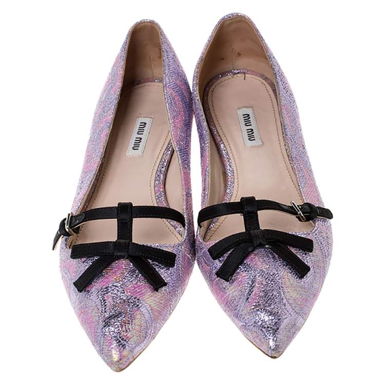 مملوكة مسبقًا Miu Miu Purple Brocade Lurex And Satin Trim Giada Bow Pointed Toe Ballet Flats  Size 40