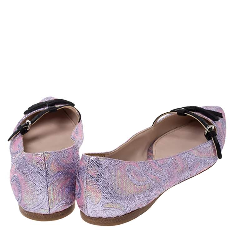 مملوكة مسبقًا Miu Miu Purple Brocade Lurex And Satin Trim Giada Bow Pointed Toe Ballet Flats  Size 40