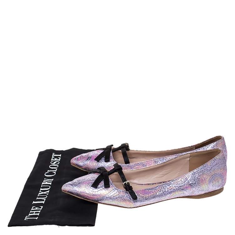 مملوكة مسبقًا Miu Miu Purple Brocade Lurex And Satin Trim Giada Bow Pointed Toe Ballet Flats  Size 40