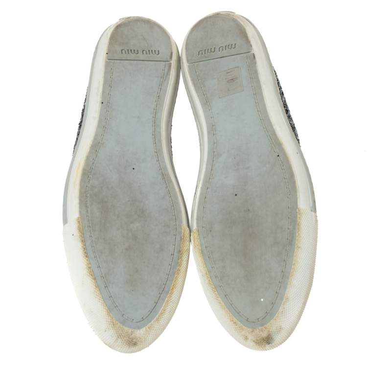 Pre Owned Miu Miu Metallic Silver Glitter And Metal Cap Toe Low Top Sneakers Size 41