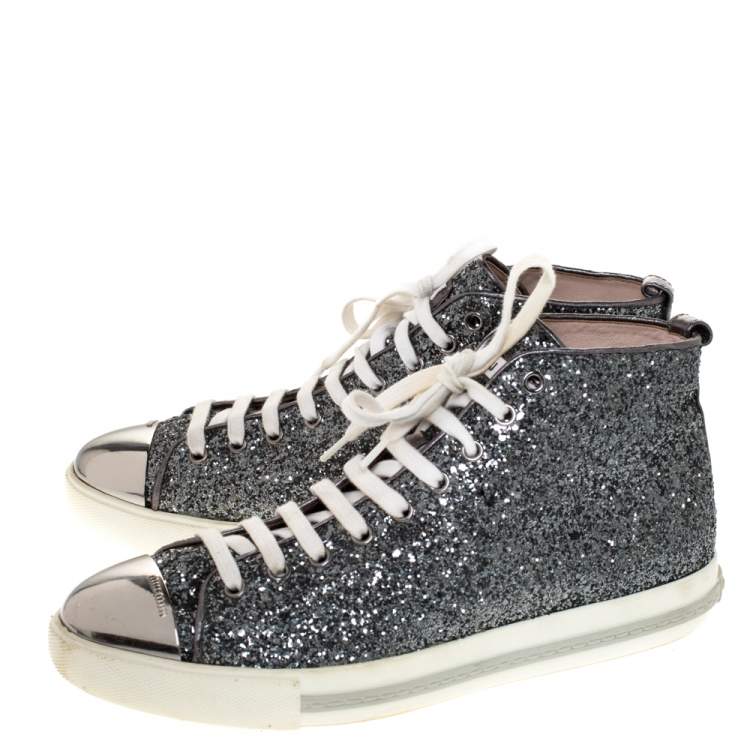 Pre Owned Miu Miu Metallic Silver Glitter And Metal Cap Toe Low Top Sneakers Size 41