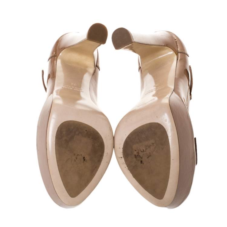 Pre Owned Miu Miu Beige Patent Leather Penny Loafer Platform Pumps Size 36
