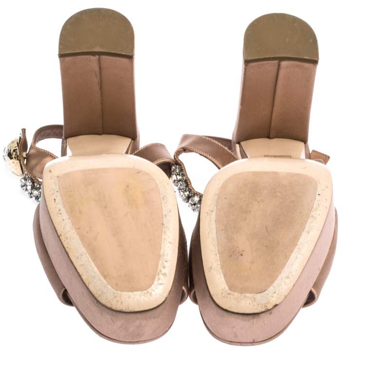 Pre Owned Miu Miu Beige Satin Crystal Embellished Ankle Strap Platform Block Heel Sandals Size 39