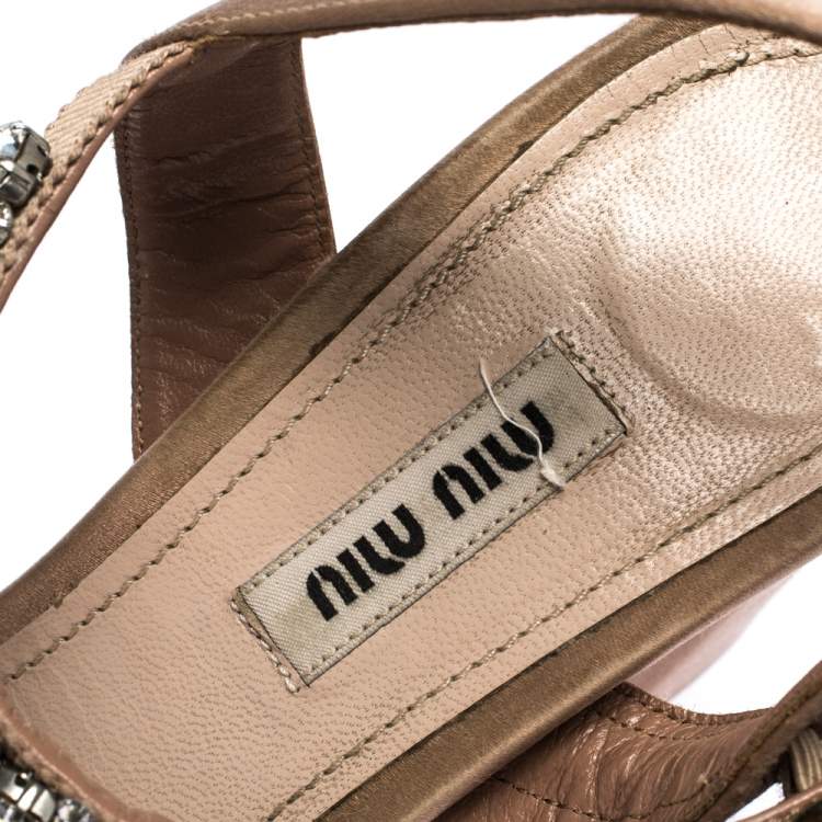 Pre Owned Miu Miu Beige Satin Crystal Embellished Ankle Strap Platform Block Heel Sandals Size 39