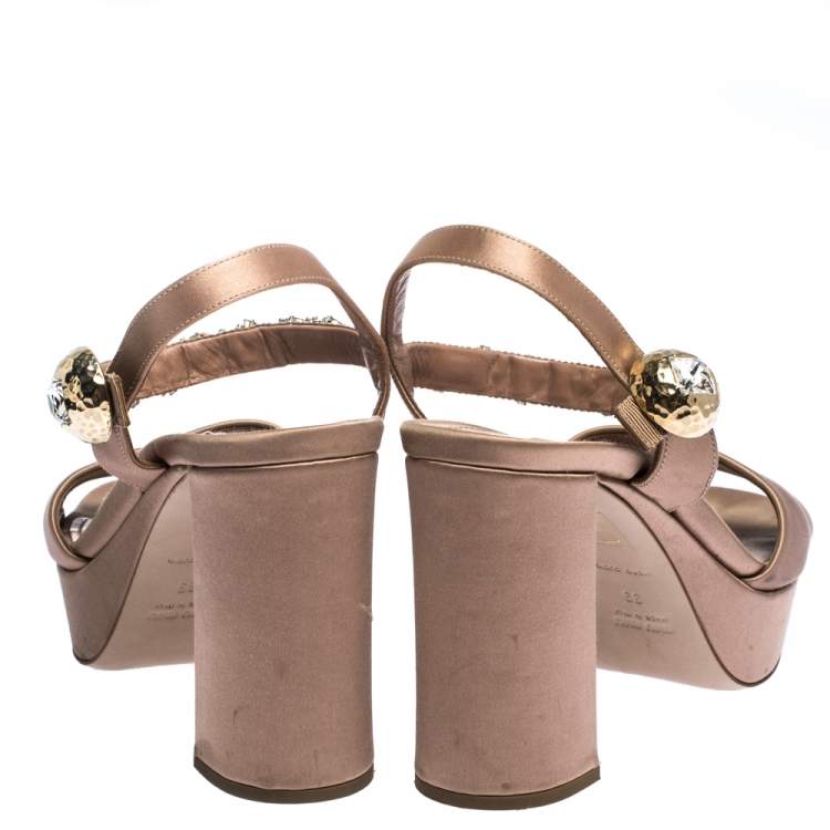Pre Owned Miu Miu Beige Satin Crystal Embellished Ankle Strap Platform Block Heel Sandals Size 39