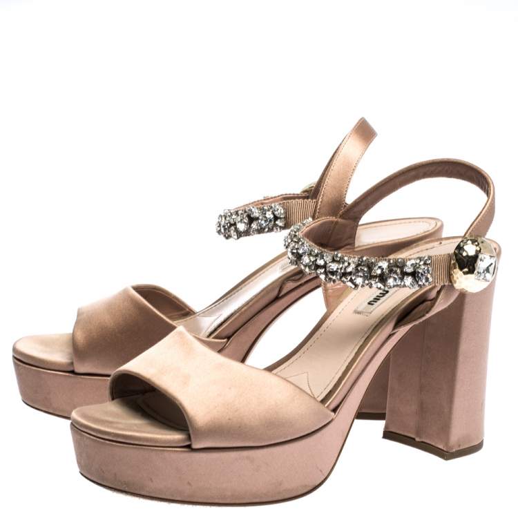 Pre Owned Miu Miu Beige Satin Crystal Embellished Ankle Strap Platform Block Heel Sandals Size 39