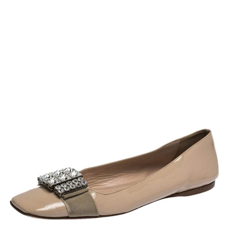 Miu Miu Beige Crystal Embellished Patent Leather Square Toe Ballet ...