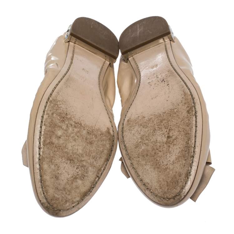 Pre Owned Miu Miu Beige Patent Leather Bow Crystal Embellished Ballet Flats Size 38