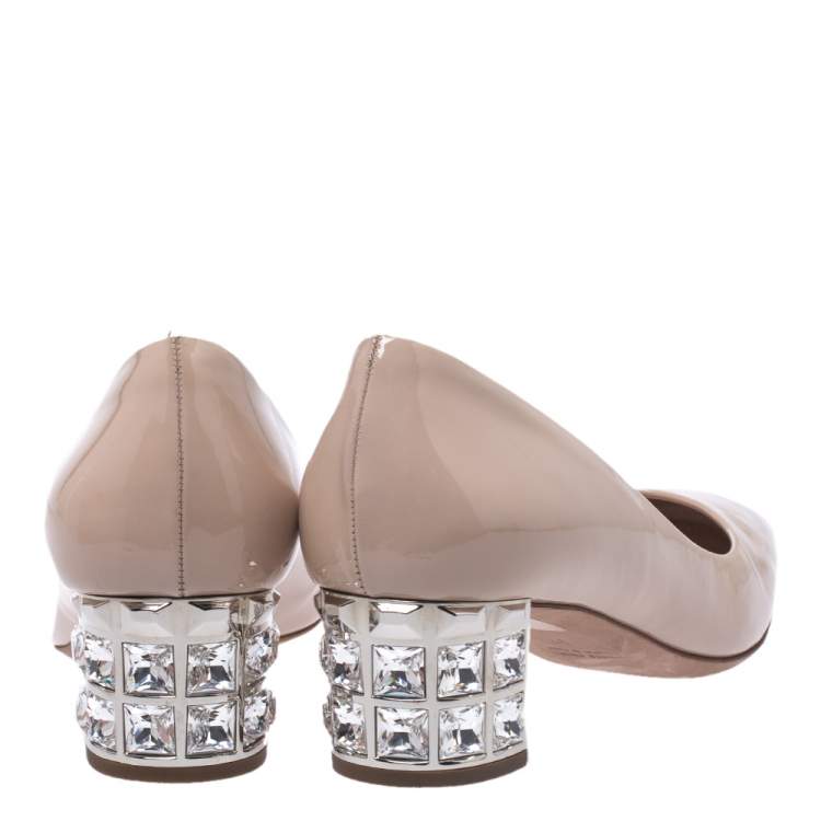 Pre Owned Miu Miu Beige Patent Leather Crystal Heel Pumps Size 37