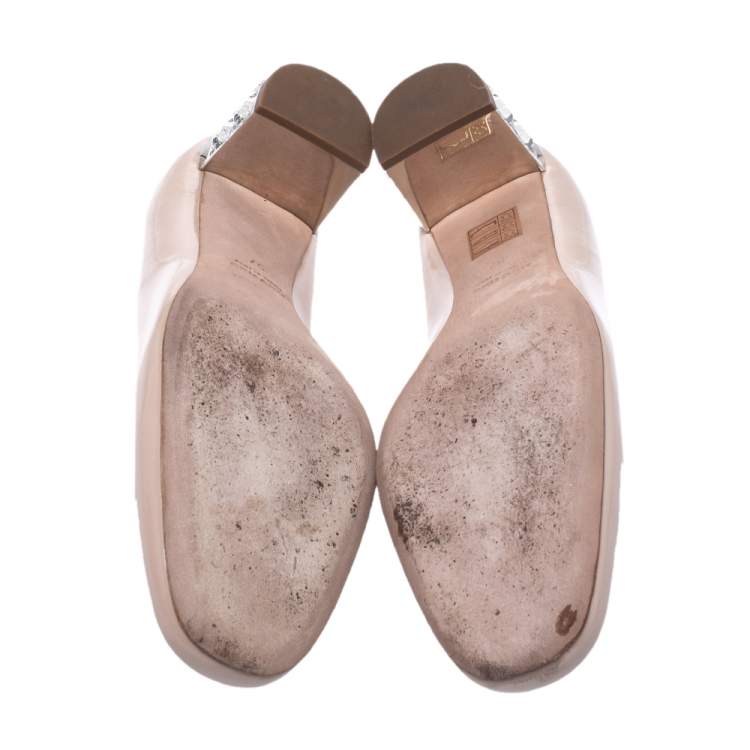 Pre Owned Miu Miu Beige Patent Leather Crystal Heel Pumps Size 37