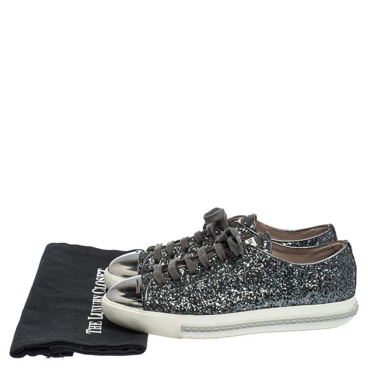 Pre Owned Miu Miu Metallic Grey Glitter And Metal Cap Toe Low Top Sneakers Size 37