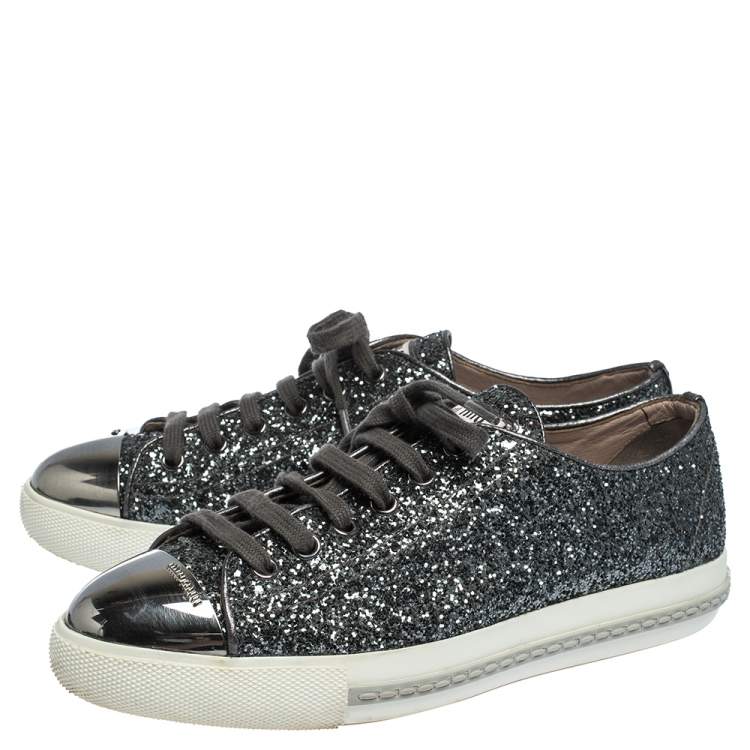 Pre Owned Miu Miu Metallic Grey Glitter And Metal Cap Toe Low Top Sneakers Size 37