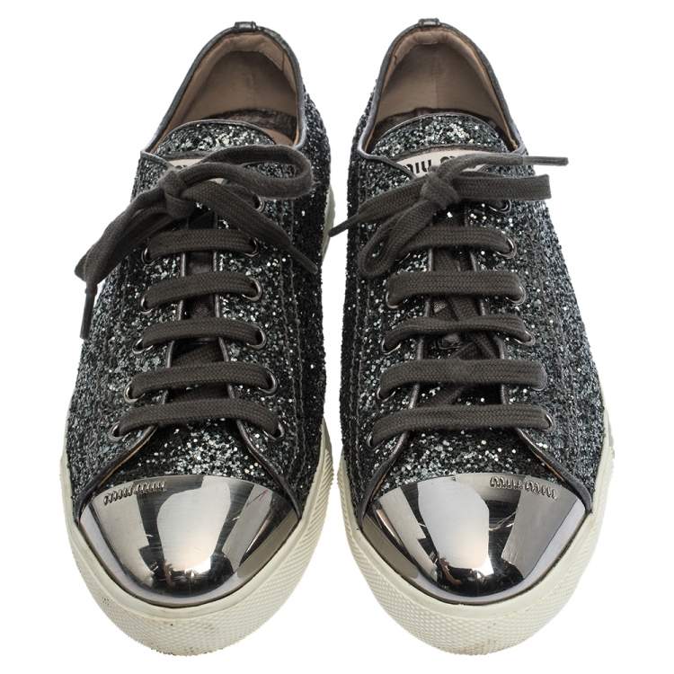 Pre Owned Miu Miu Metallic Grey Glitter And Metal Cap Toe Low Top Sneakers Size 37