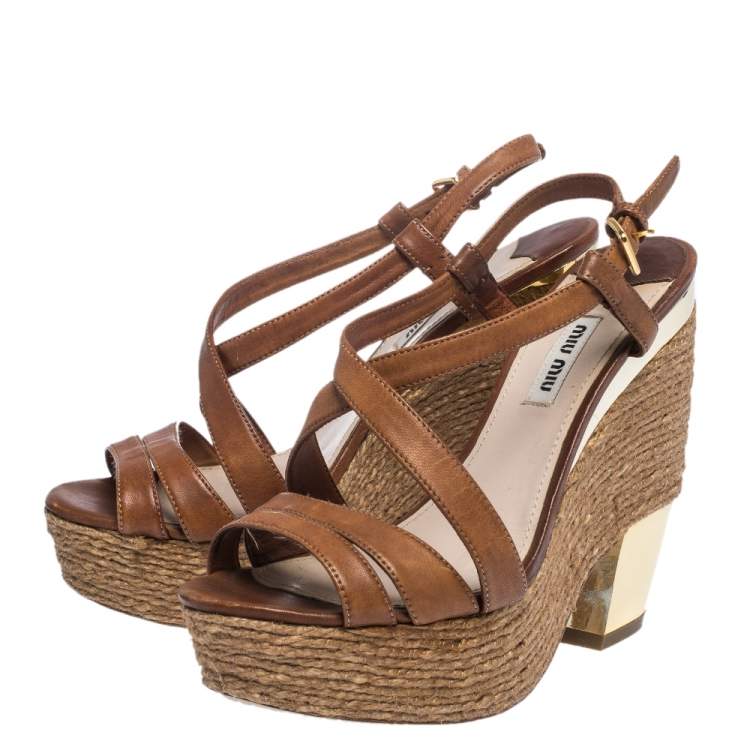 Pre Owned Miu Miu Brown Leather Espadrilles Wedge Platform Cross Strap Sandals Size 38