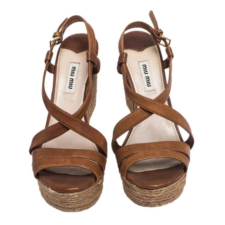 Pre Owned Miu Miu Brown Leather Espadrilles Wedge Platform Cross Strap Sandals Size 38