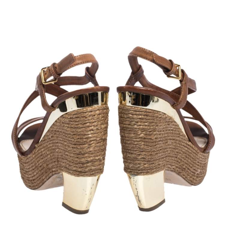 Pre Owned Miu Miu Brown Leather Espadrilles Wedge Platform Cross Strap Sandals Size 38