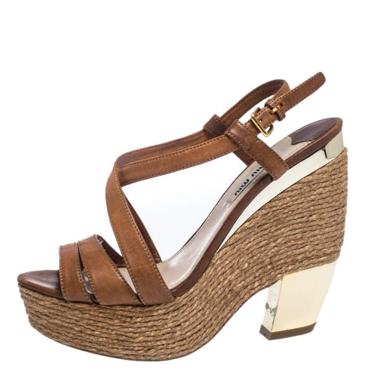Pre Owned Miu Miu Brown Leather Espadrilles Wedge Platform Cross Strap Sandals Size 38