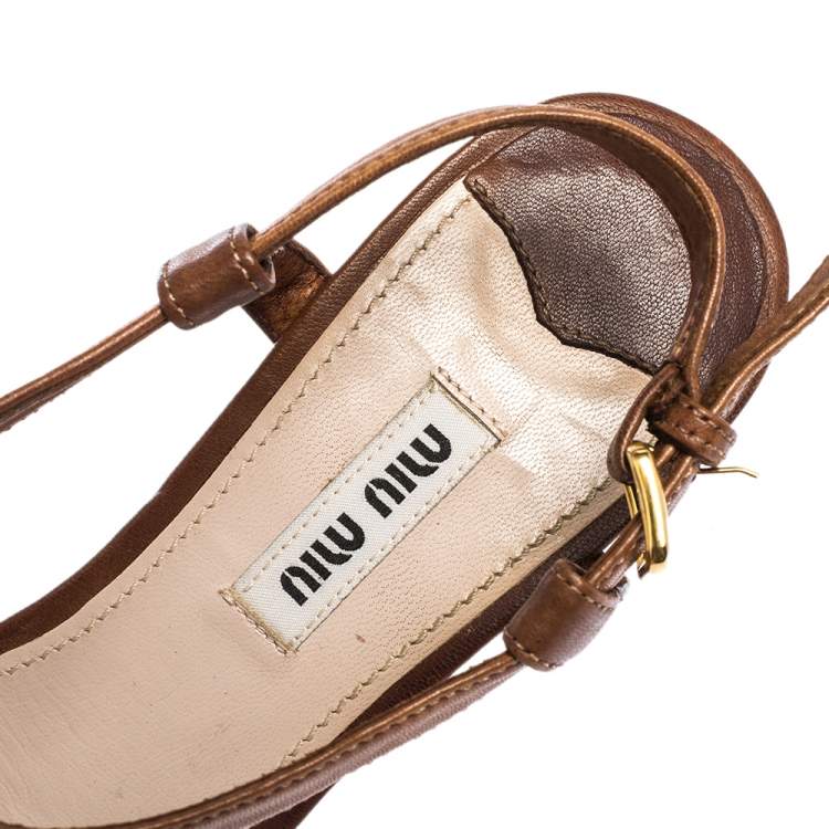 Pre Owned Miu Miu Brown Leather Espadrilles Wedge Platform Cross Strap Sandals Size 38