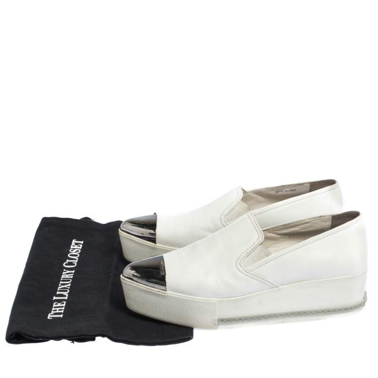 Pre Owned Miu Miu White Leather Metal Cap Toe Platform Slip On Sneakers Size 37