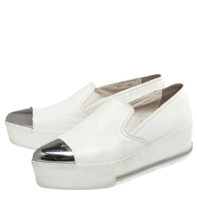Pre Owned Miu Miu White Leather Metal Cap Toe Platform Slip On Sneakers Size 37