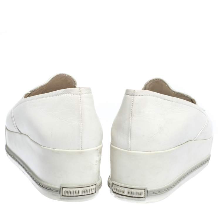 Pre Owned Miu Miu White Leather Metal Cap Toe Platform Slip On Sneakers Size 37