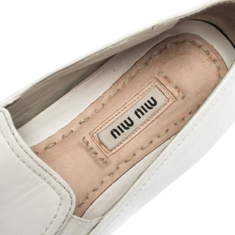 Pre Owned Miu Miu White Leather Metal Cap Toe Platform Slip On Sneakers Size 37