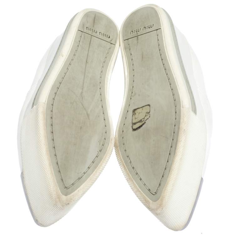Pre Owned Miu Miu White Leather Metal Cap Toe Platform Slip On Sneakers Size 37